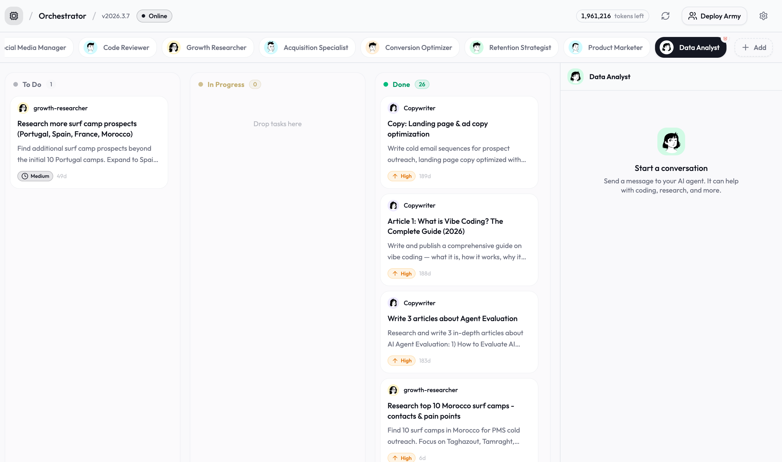 Youmake OpenClaw VM dashboard with specialist agents, a task board, and agent chat.
